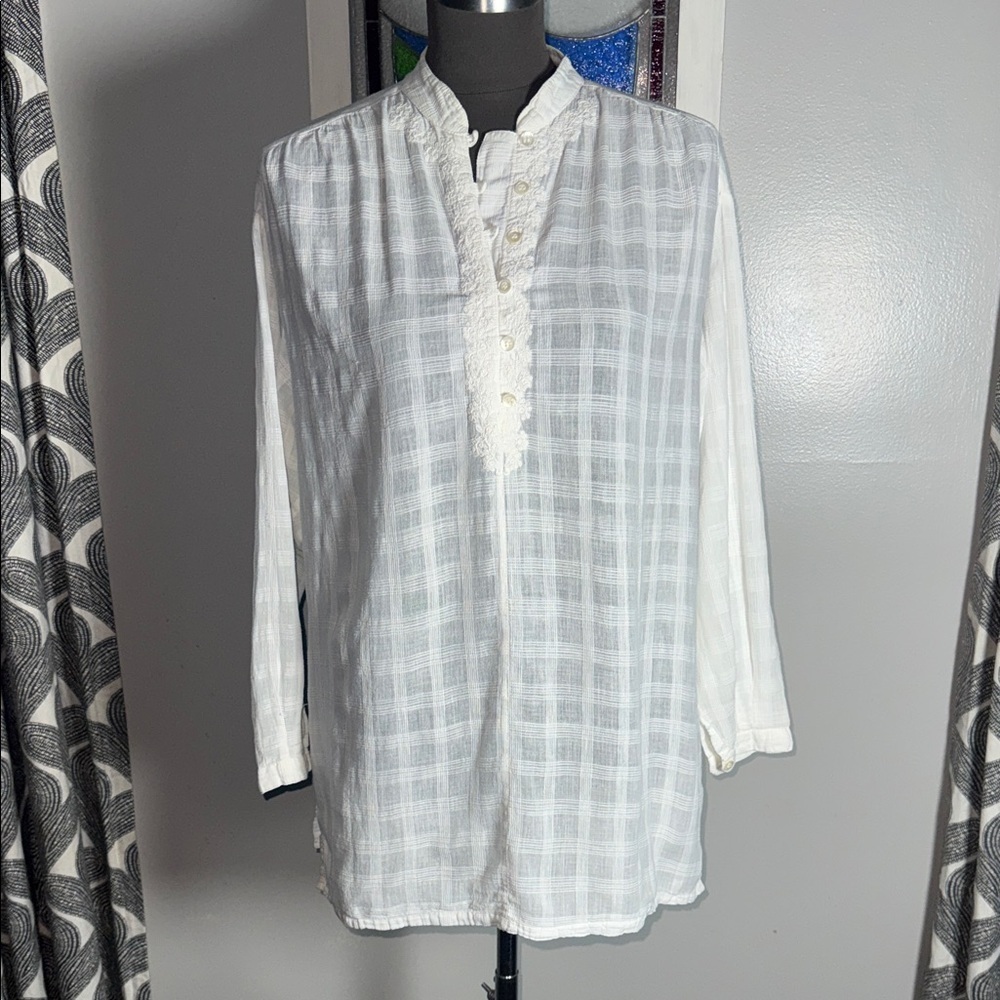 VTG April Cornell White Gauze Lace Trim Tunic Blouse SZ M